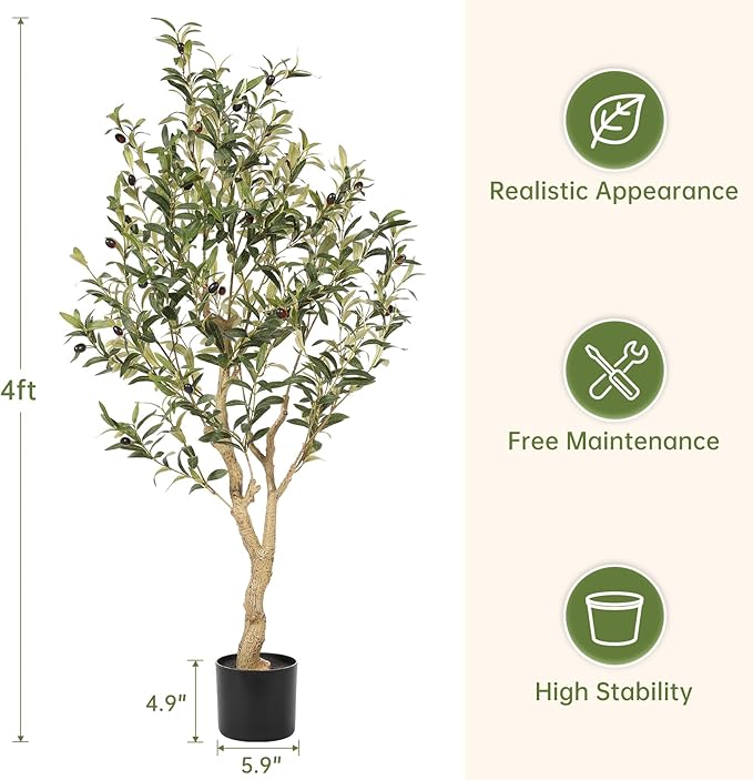 Realead Faux Olive Tree 4ft - Realistic Indoor Olive Tree Plants - Fake Olive Tree with Thick Trunk and Lifelike Fruits - Artificial Olive Trees for Modern Home Office Decor Indoor