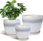 Ceramic Plant Pots - Modern Round 10 Inch 8 Inch 6 Inch Planters for Indoor Outdoor, Flower Pots with Drainage Holes and Plant Saucers, Home Decor, Plant Lover Gifts, Set of 3, White-Grey