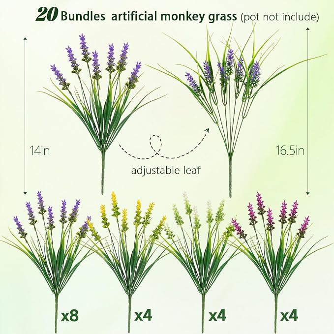 N&T NIETING 20 Bundles Artificial Plants Outdoor Fake Monkey Grass with Flowers for Pot Garden Verandah Decor Plastic Greenery for Window Office Patio Hanging Planter Pathway Front Porch (Mix color 2)
