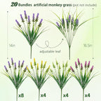 N&T NIETING 20 Bundles Artificial Plants Outdoor Fake Monkey Grass with Flowers for Pot Garden Verandah Decor Plastic Greenery for Window Office Patio Hanging Planter Pathway Front Porch (Mix color 2)