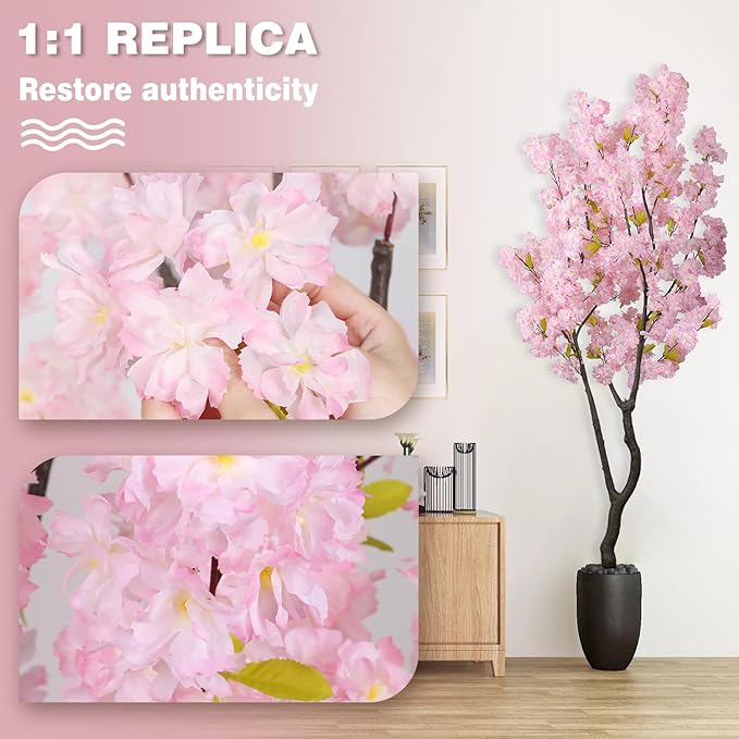 Faux Pink Cherry Blossom Tree 6.5ft(78in) Artificial Pink Silk Flower Tree Lifelike Large Fake Floral Tree for Wedding Realistic Elegant Cherry Sakura Plant in Pot for Home,Living Room,Office