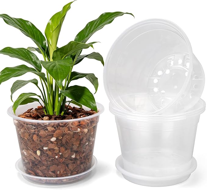 5 Packs 10 Inch Large Clear Nursery Pots with Drainage Hole and Saucers, Plastic Plant Pots for Seedlings, Flowers, Indoor Outdoor Garden