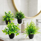 4 Pack Mini Artificial Plants Fake Potted Plants for Home Office Bathroom Shelf Desk Decor, Small Faux Greenery with Black Pots, Assorted Faux Grass & Leaf Plants for Indoor Aesthetic Decoration