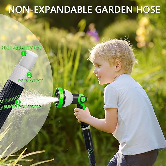 Garden Hose 25 FT, NON-EXPANDABLE Heavy-Duty Flexible & Lightweight Water Hose with 10-Function Nozzle, No-Kink, Leak-Proof Super Fabric, Solid Fittings for Lawn, Car, Outdoor (Black Green)