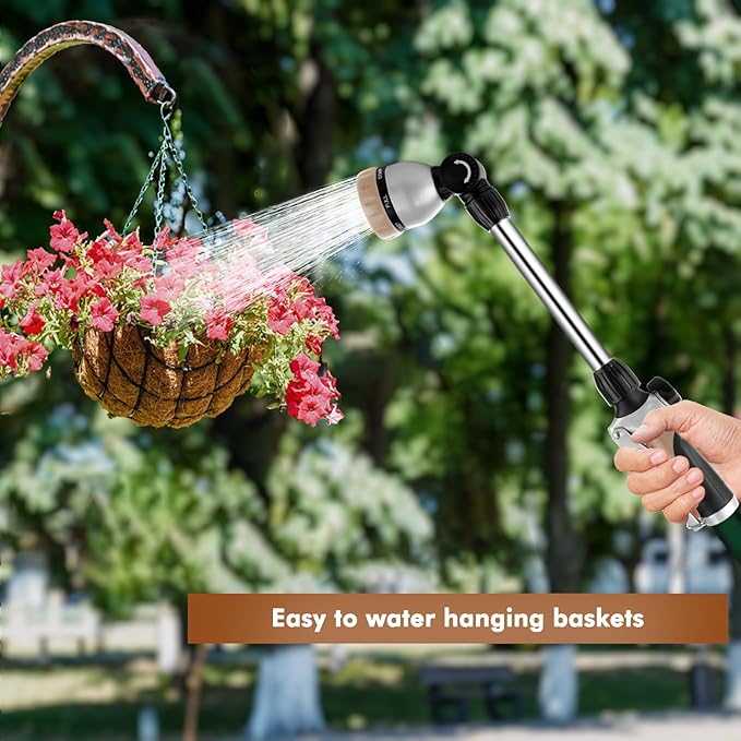 RESTMO Metal Watering Wand, Heavy Duty Garden Hose Wand with 180° Swivel Ratcheting Head, 16'' Hose Nozzle Sprayer with 7 Spray Patterns and Flow Control, for Water Hanging Baskets and Shrubs, Gold