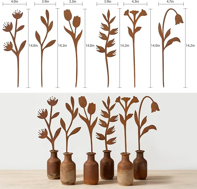 hogardeck Garden Decor for Outside, 6 Pcs Rusty Metal Flower Garden Stakes with Fern Leaf Design for Outdoor Yard Art, Rustic Plant Stakes for Flower Bed, Pot, Vase