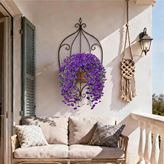 Artificial Hanging Flowers for Outdoors, 2 PCS 300 Blooms UV Resistant Morning Glory Faux Silk Vines, No-Odor Realistic Fake Plants for Garden Planter Porch Patio Decoration, Purple