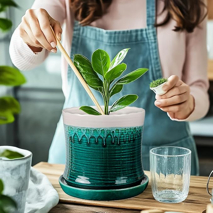 BUYMAX 8 Inch Plant Pot, Ceramic Planter with Drainage Hole and Saucer, Ceramic Flower Pot for Indoor Plants, Modern Round Flower Pots for Home and Office