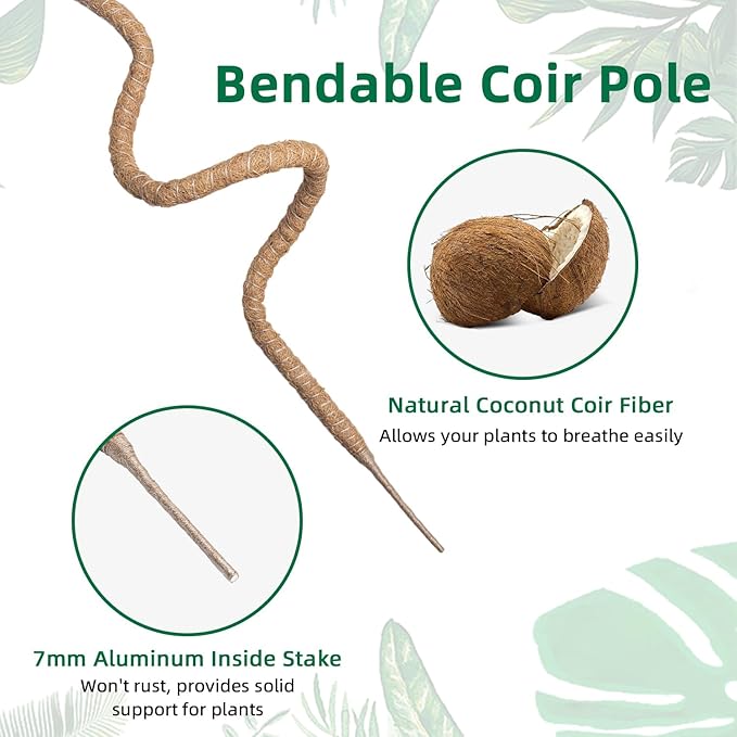 Mcbazel 63 Inch Bendable Moss Pole for Plants Monstera - Tall Coco Coir Plant Support Stake for Climbing Indoor Plants, Pothos & Philodendron - Large Flexible Stick Kit with Full Garden Ties