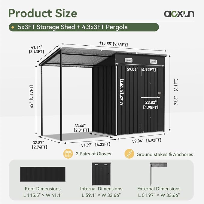 Aoxun 5x3FT Outdoor Storage Shed & Hardtop Canopy Gazebo Combo | 10x3FT Metal Lean to Shed, 2-in-1 Garden Bike Shed for Patio, Backyard, Deck, Black