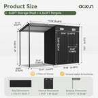 Aoxun 5x3FT Outdoor Storage Shed & Hardtop Canopy Gazebo Combo | 10x3FT Metal Lean to Shed, 2-in-1 Garden Bike Shed for Patio, Backyard, Deck, Black