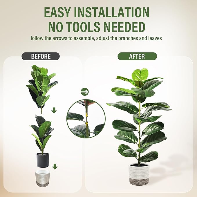Suntee 2 Pack Artificial Fiddle Leaf Fig Tree, 30" Ficus Lyrata Fake Plants with Cotton Rope Basket, Floor Plant Outdoor Faux Plants for Living Room, Corner, Office, Patio, Windowsill Decor