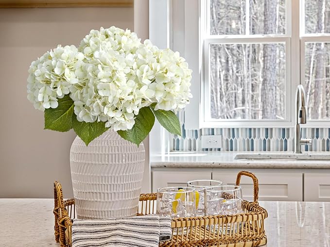 ZYTUYO 4PCS White Artificial Flowers Hydrangea 20" Real Touch Latex Faux Hydrangeas Silk Flowers with Green Leaves Stems for Short or Tall Vase Table Party Center Fake Bouquet Decor