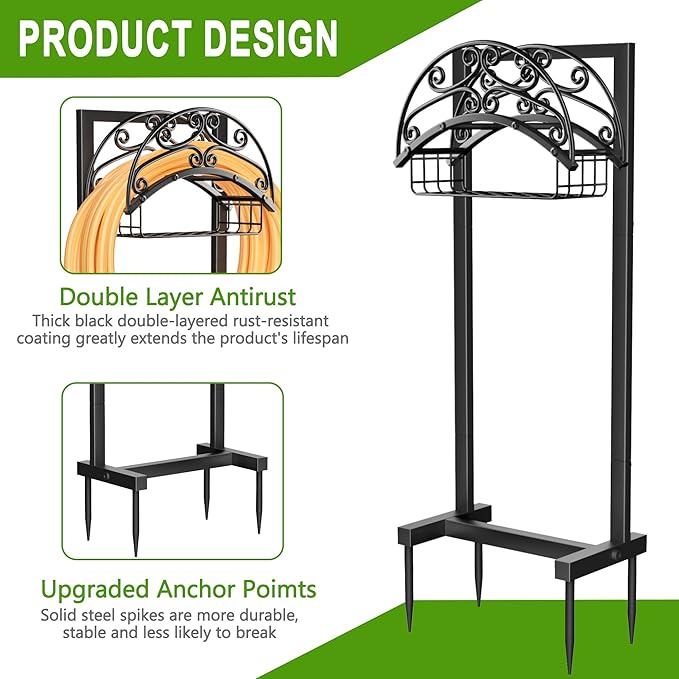 Gayuteay Garden Hose Holder – Water Hose Reel Stand with Storage Basket Holds 151ft, Heavy Duty Freestanding Garden Hanger Storage Rack for Outside Yard Lawn Farm
