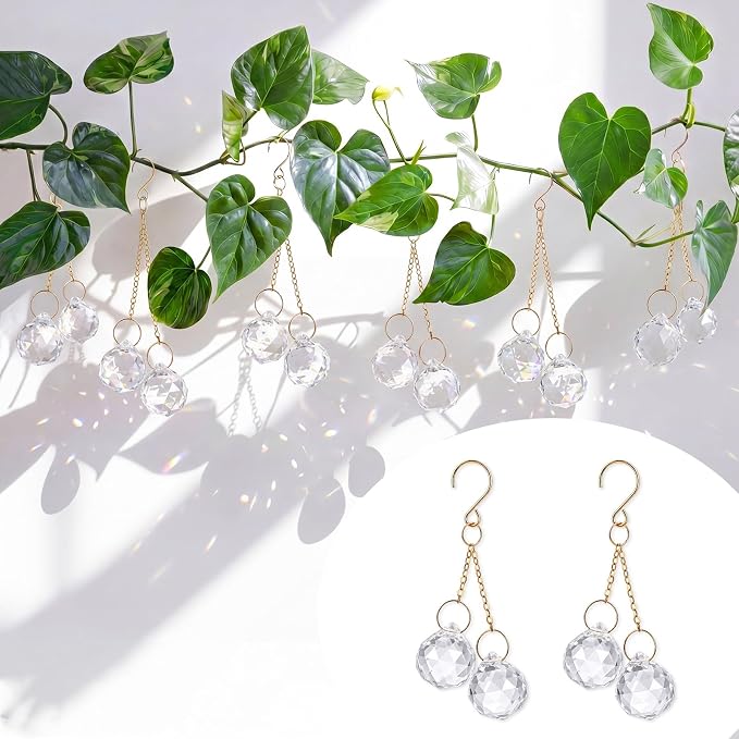 6 Pcs Clear Crystal Sun Catcher Plant Vine Charms Hanging for Mini Potted Plants, Home Window Garden, Garden Home Window Rainbow Sun Catchers Plant Accessories Indoor (Ball)