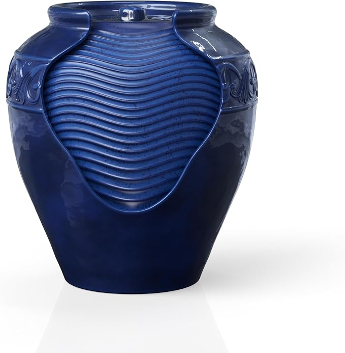 Teamson Home 16.96 in. Outdoor Glazed Pot Water Fountain with LED Lights, Built-in Pump to Create a Calming Oasis in Gardens, Landscaping, Patios, Balconies, Lawns, Royal Blue