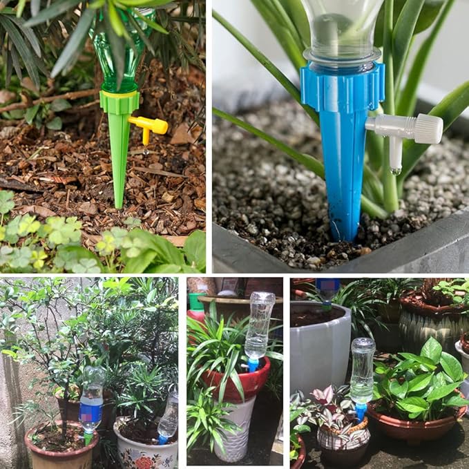Self Watering Spikes for Indoor Outdoor Plants - 12 Pack Plastic Bottle Garden Drip Irrigation System With Adjustable Control Valve - Automatic Watering Bulbs and Globes