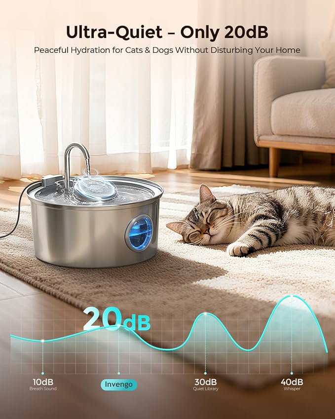 Invengo Cat Water Fountain Stainless Steel, 108oz/3.2L Pet Fountain with Large Water Level Window, Ultra Quiet Automatic Cat Water Dispenser for Cats and Dogs, 2 Flow Modes, Splash-Proof Design