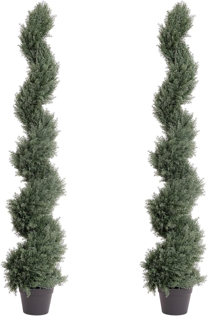THE BLOOM TIMES 5ft Spiral Artificial Topiary Trees Set of 2, Faux Cedar Trees for Outdoor Planters - Fake Twist Cypress Plants for Garden Front Porch Indoor Outside Christmas Decor 5 Foot
