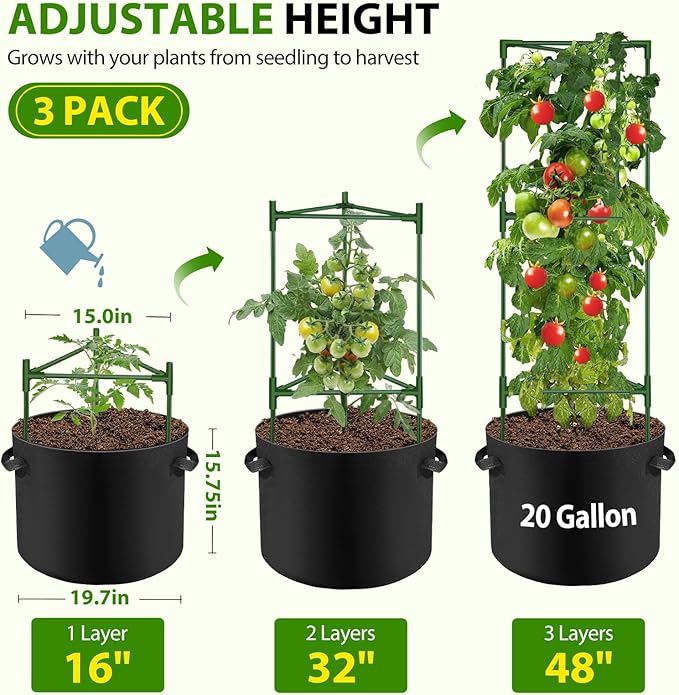 Suntee 3 Pack Tomato Cage with 20 Gallon Grow Bags, 48 Inch Tomato Cages for Garden Patio Balcony, Adjustable Height Tomatoes Plant Support for Climbing Vegetables Plants Flowers