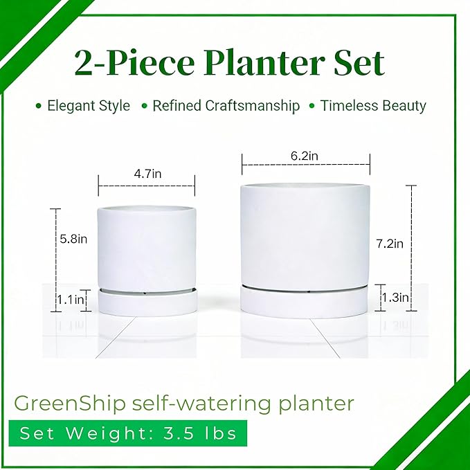 GreenShip 2pcs Plant pots, self Watering pots for Indoor Plants (White, 4.7in+6in)
