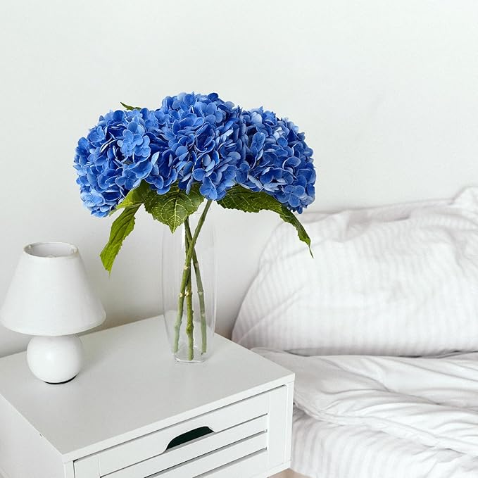 ZYTUYO 3 PCS Dark Blue Hydrangea Real Touch Artificial Flowers 21'' Latex Large Hydrangea with Long Stems for Wedding Table Centerpieces Indoor Kitchen Spring Home Decor Outdoor Porch