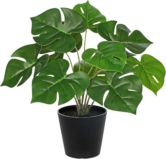 Briful Fake Plants 11.8'' Realistic Monstera Plant Artificial Potted Indoor Plant Houseplant in Black Pot for Home Decor Wedding Centerpiece Dining Table Farmhouse, Green Leaves