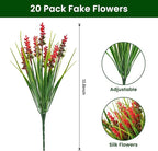 20 Bundles Artificial Plants Outdoor, UV Resistant Fake Flowers， Realistic Faux Lavender Shrubs for Porch Garden Window Box Home Decoration (Red)