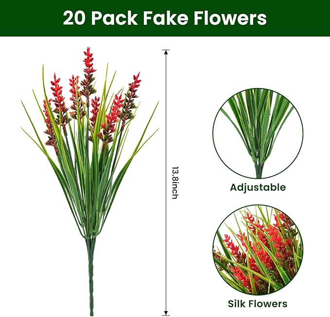 20 Bundles Artificial Plants Outdoor, UV Resistant Fake Flowers， Realistic Faux Lavender Shrubs for Porch Garden Window Box Home Decoration (Red)