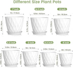 Meowell 7/6.5/6/5.5/5/4.5/4 inch Plant Pots for Indoor Outdoor Plants, 7 Pack Thick Flower Pots with Drainage Holes and Saucers, Modern Wave Texture Plastic Planter Pots for Nursery, Succulent, White
