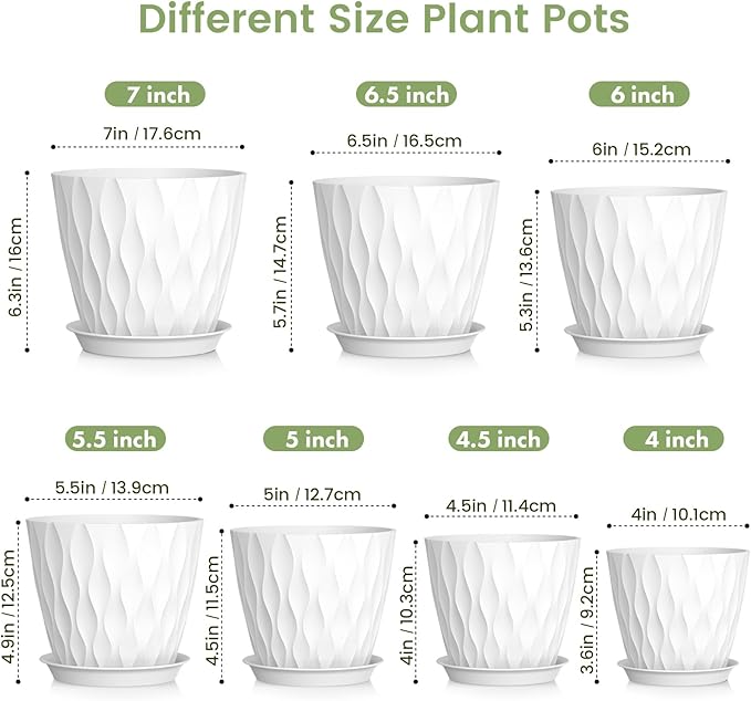 Meowell 7/6.5/6/5.5/5/4.5/4 inch Plant Pots for Indoor Outdoor Plants, 7 Pack Thick Flower Pots with Drainage Holes and Saucers, Modern Wave Texture Plastic Planter Pots for Nursery, Succulent, White
