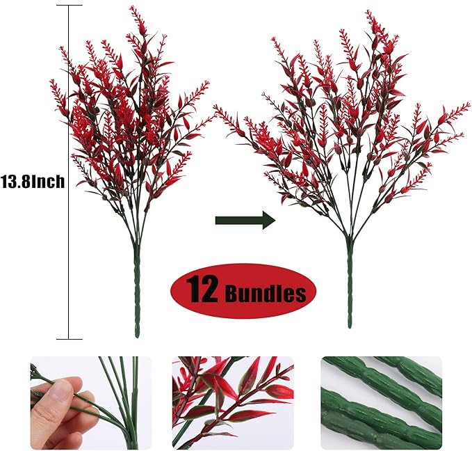 RECUTMS 12 Bundles Artificial Flowers Outdoor Fake Flowers for Decoration UV Resistant No Fade Faux Plastic Plants Garden Porch Window Box Décor, Flores Artificiales para Decoracion(Red)
