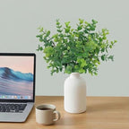 12" Artificial Sage Eucalyptus Stems Potted Plant - Realistic Small Fake Desk Plants for Office Home Decor, Faux Plants in Frosted Ceramic Vase for Indoor Spaces, Table Decor（7 pcs）
