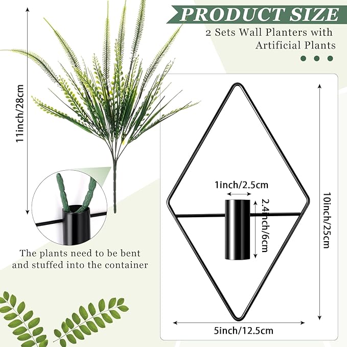 Canlierr 2 Pieces Black Wall Decor Hanging Planters with Artificial Plants Metal Hanging Vase Indoor Plants Holder Modern Geometric Wall Art for Bathroom Bedroom Living Room Decor(Boston Fern)