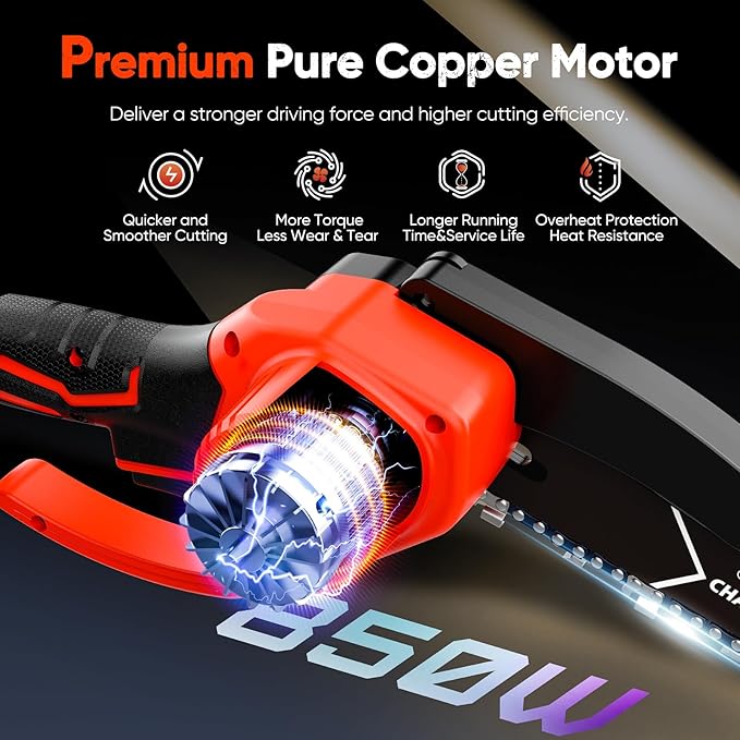 Mini Chainsaw- 6 Inch Electric Mini Chain Saw Cordless Battery Powered One-Hand Tree Trimming Saw with 2 Batteries, Portable Gardening Gadgets for Men, Unique Birthday Gifts (Red)