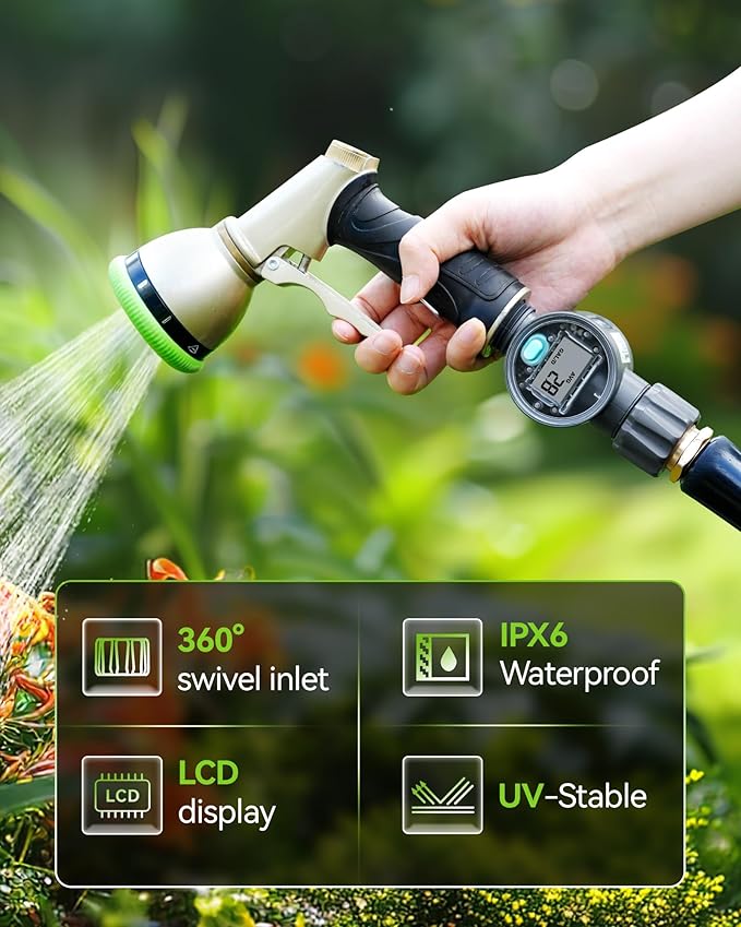 RAINPOINT Water Flow Meter, ±5% Accuracy, Measure Consumption and Flow Rate up to 9999.9 Gallon/Liter, Water Meter for RV, Garden Hose, Pool, Lawn Sprinkler & Nozzle Sprayer