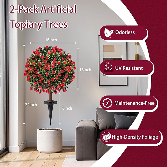 Artificial Boxwood Topiary Ball Trees with Red Rose, Set of 2 UV Resistant Fake Evergreen Shrubs Bushes Plants with Ground Spike, 18" Fake Plants for Outdoor Indoor Front Porch Garden