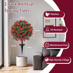 Artificial Boxwood Topiary Ball Trees with Red Rose, Set of 2 UV Resistant Fake Evergreen Shrubs Bushes Plants with Ground Spike, 18" Fake Plants for Outdoor Indoor Front Porch Garden