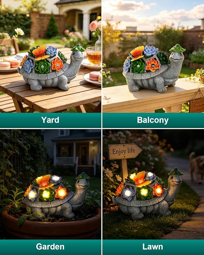 7 Inch Solar Turtle Garden Statue with Butterfly, Succulent & LED Lights, Lawn Ornament for Yard Patio Porch Balcony, Outdoor Decor Figurine - Gifts for Mom Grandma Women