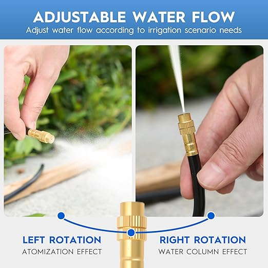 360° Automatic Drip Irrigation Kit - 5/16'' Tubing, Adjustable Universal Spray Nozzle, Copper Atomizing System for Garden/Lawn/Greenhouse - Multi-Directional Rotation, Quick Connectors, 16FT