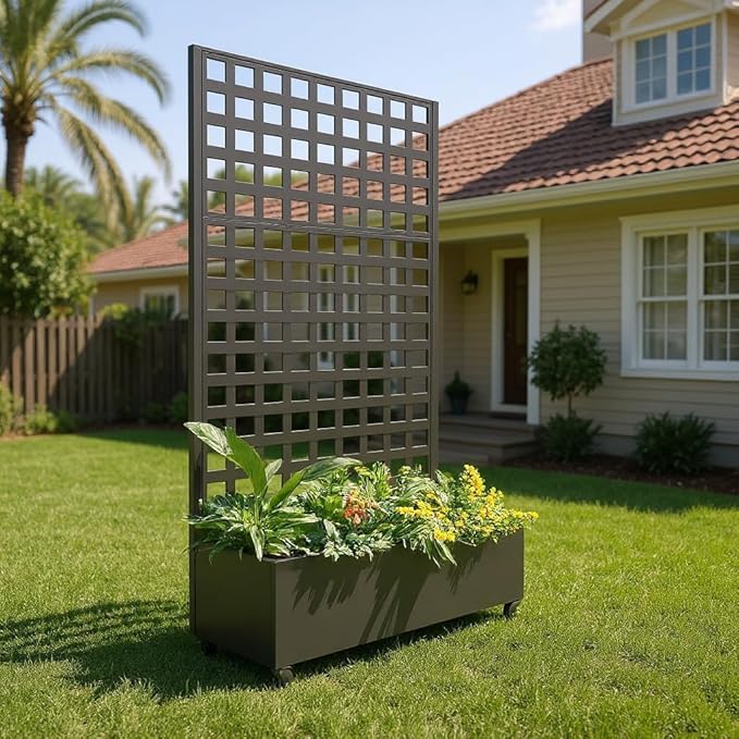 Metal Planter Box with Square Lattice Trellis, 72" X 35" Galvanized Raised Garden Bed on Locking Wheels, Deep Planter with Drainage for Climbing Plants, Flowers, Patio & Balcony, Black