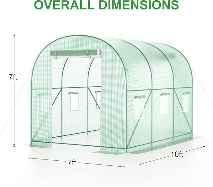 Walk-in Greenhouse, 10x7x7 FT Heavy Duty Tunnel Green House for Outdoors, Portable Green Houses for Outside, Winter Hot House with Metal Frame & Roll-up Zipper Door Screen Windows