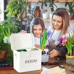 Seed Storage Organizer, T-Shape Compartment Seed Box with Safety Lock, Metal Seed Saving Box, Portable Seed Bin Container with Handle, Including 2 Pens 20 Plant Labels 50 Seed Envelopes-White