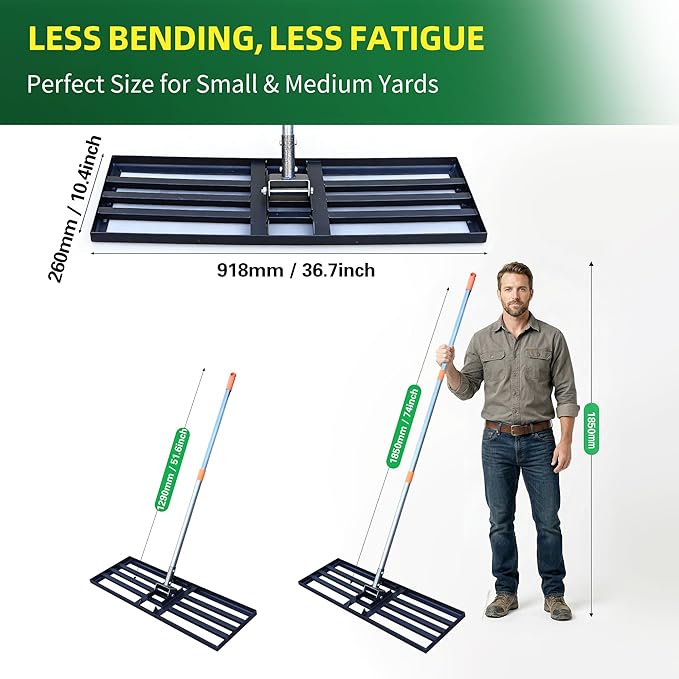 Lawn Leveling Rake 36x10 Inch, 6FT Heavy-Duty Carbon Steel Lawn Leveler – Yard Leveling Rake for Soil, Sand, Grass, Perfect for Lawn Repair, Pit Filling & Garden Maintenance