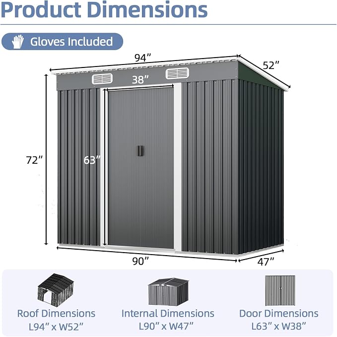 4x8 Metal Storage Shed Outdoor Steel Garden Tool Shed Metal shed with Sliding Door for Backyard, Lawn, Patio Yard, Grey