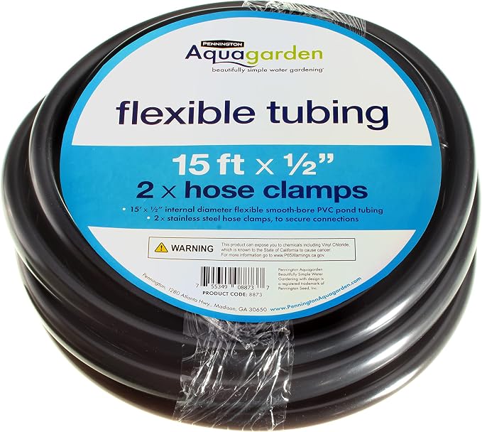 Pennington Aquagarden Aquagarden Flexible Pond Tubing, 15ft x ½” Internal Diameter, Smooth-bore PVC Pond Tubing, Includes 2 stainless steel Hose Clamps,