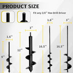 Auger Drill Bit for Planting 1.6"x9"+1.6"x16.5"+2.8"x16.5"+3"x12" Garden Spiral Drill Bit,Heavy-Duty Bulb Auger, Post Hole Digger for 3/8" Hex Driver Drill Solid Shaft