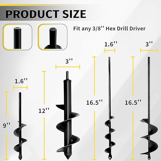 Auger Drill Bit for Planting 1.6"x9"+1.6"x16.5"+2.8"x16.5"+3"x12" Garden Spiral Drill Bit,Heavy-Duty Bulb Auger, Post Hole Digger for 3/8" Hex Driver Drill Solid Shaft