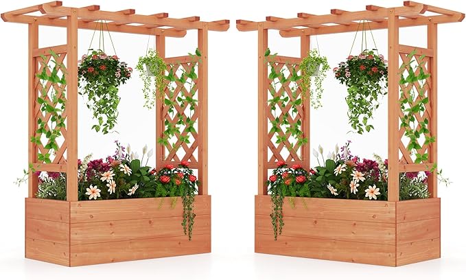 HAPPYGRILL Raised Garden Bed w/Trellis, 2 Wooden Elevated Planter Box w/Hanging Roof, Drainage Holes & Removable Bottom Panels for Climbing Vine Flower, Indoor Outdoor Wood Planter for Yard Patio