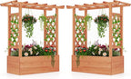 HAPPYGRILL Raised Garden Bed w/Trellis, 2 Wooden Elevated Planter Box w/Hanging Roof, Drainage Holes & Removable Bottom Panels for Climbing Vine Flower, Indoor Outdoor Wood Planter for Yard Patio